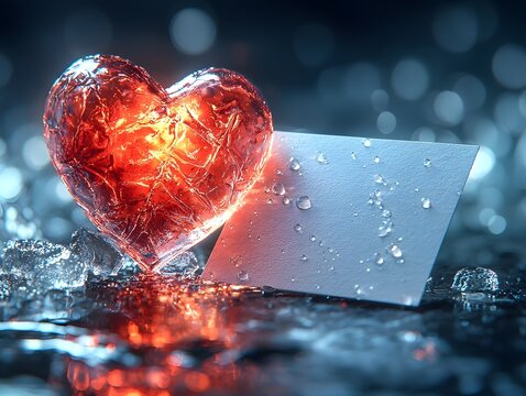 A glowing red crystalline heart beside a wet blank white card amidst ice shards and reflections