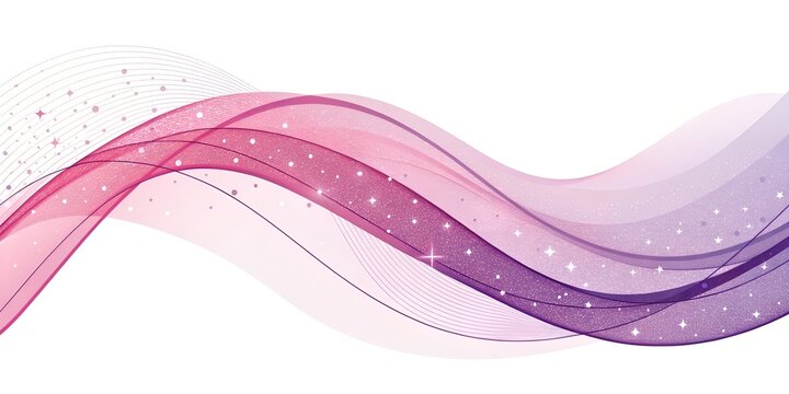 Abstract flowing wave design with pink and purple hues and sparkling glitter accents against a clean white background creates elegance
