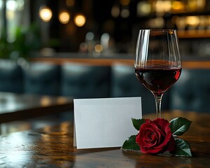 A red rose and a glass of red wine sit next to a blank card on a wooden table in a softly lit restaurant