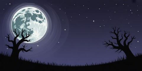 Moonlit Silhouette: A serene nightscape of silhouetted trees and grassy terrain basks in the celestial glow of the full moon, and a sprinkle of stars in a twilight embrace.