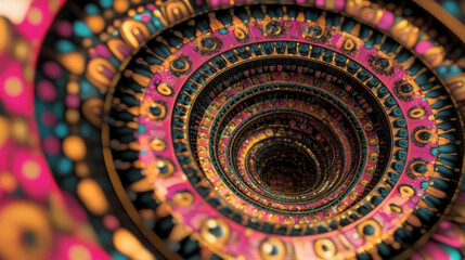 A vibrant and intricate spiral pattern with concentric circles in shades of pink, blue, and gold design art