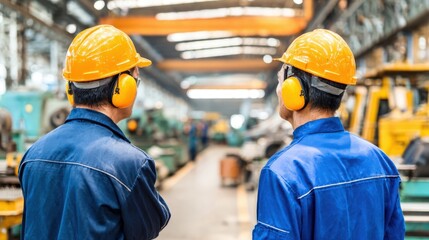 Factory Workers Overseeing Manufacturing Process Wearing Safety Helmets and Protective Gear in an Industrial Setting