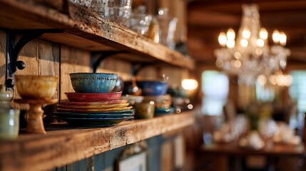 Fototapeta premium Rustic kitchen shelves with colorful plates bowls and glass jars against wood paneled wall interior