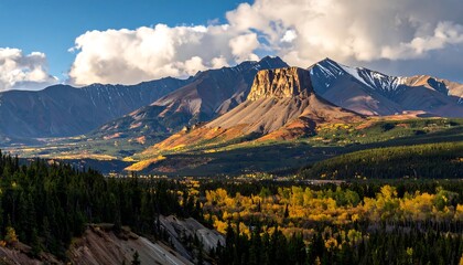 Fototapeta premium A vast mountain range, ablaze with fall colors, showcasing a valley nestled amongst rugged peaks under a dramatic sky.