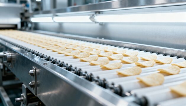 Potato Chips Moving Along a Conveyor Belt in Food Processing Plant for Quality Control