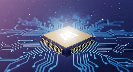 Futuristic AI chip glowing brightly on a digital circuit board with starry background