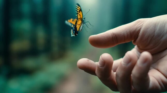 A butterfly near a human hand, capturing the emotional concept of longing for something that slips away despite being so close.