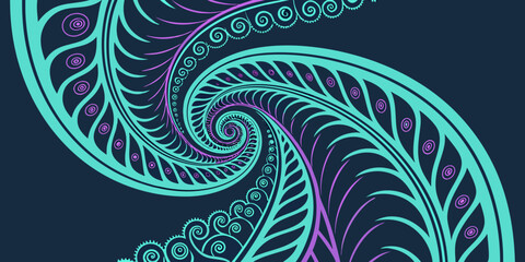 Captivating abstract spiral pattern in vibrant teal and purple hues draws the eye inward creating a mesmerizing visual journey perfect for modern design projects and digital art.
