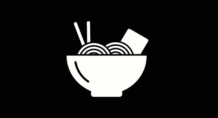 Simple white ramen bowl icon with chopsticks and nori on black background.
