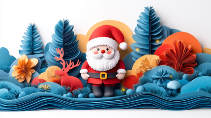 Wycinek z papieru przedstawiający Mikołaja, renifera i choinki. Rękodzieło. Urocza, kolorowa, świąteczna kompozycja w stylu 3D.