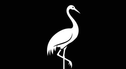 Elegant white crane bird silhouette on black.