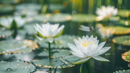 White Water Lily Flowers with Dragonfly on Pond Surface in Natural Light
