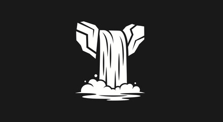 Monochrome Waterfall Illustration with Rocks and Water.