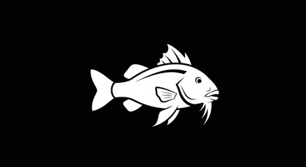 Simple white silhouette of a fish with whiskers.