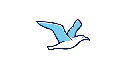 Flying seagull illustration with blue wings and white body in flight.