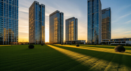 A stunning cityscape at sunset, featuring a cluster of modern glass skyscrapers with long shadows stretching across a perfectly manicured green lawn