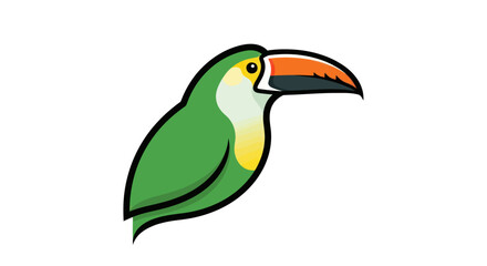 Colorful toucan illustration vibrant green body orange beak profile view cartoon style.