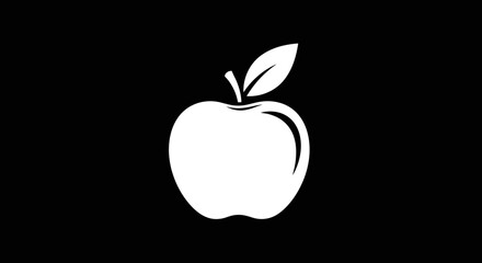 Stylized white apple fruit with a single leaf on a black background.
