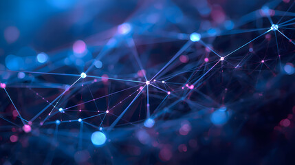 Vibrant blue and pink nodes illuminate an intricate digital network, symbolizing advanced technological connections
