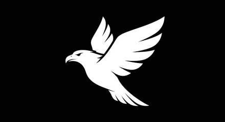 White eagle silhouette in flight against a black background.