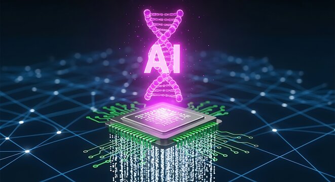Futuristic AI integrates with DNA helix and microchip for advanced biotechnology and science breakthroughs