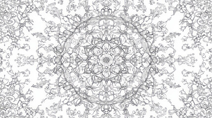Obraz premium A symmetrical grayscale abstract pattern with intricate floral and geometric designs in a circular format