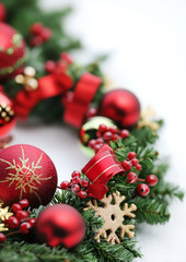 Czerwone bombki i kokardki ozdabiają zielony wieniec świąteczny. Delikatne, złote płatki śniegu dopełniają zimowy nastr&oacute;j.