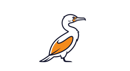 Side view of a cartoon cormorant bird, orange underwings, white body, detailed beak and eye, simple line art style.
