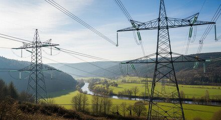 Power lines stretch across a verdant valley, with large transmission towers silhouetted against a bright, hazy sky. The rolling hills are covered in a patchwork of lush green fields and dense forests