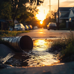 Urban Drainage Symphony: A captivating shot unveils water gushing from a drainpipe onto the street, reflecting the warm hues of the setting sun in a dramatic urban scene.
