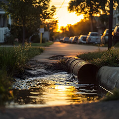 Urban Drainage Symphony: A captivating shot unveils water gushing from a drainpipe onto the street, reflecting the warm hues of the setting sun in a dramatic urban scene.