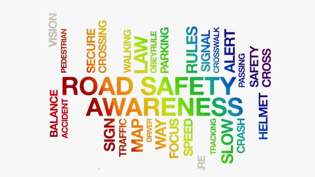 Road Safety Awareness concept Animated Tag Word Cloud kinetic typography, Text Design Animation typography seamless loop video motion graphics Intro,  Word Art Looping Text effects rainbow gradient ty