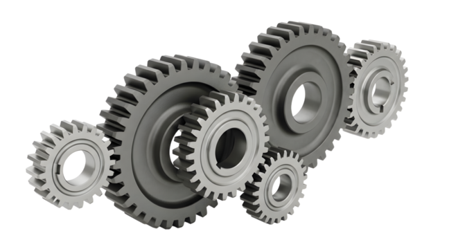 Mechanical Gears Interlocking Metallic Cogs on White Background
