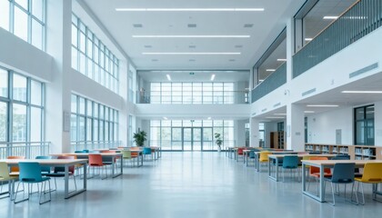 Fototapeta premium Spacious Modern University Library Interior with Tables, Chairs, and Abundant Natural Light for Learning
