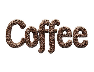 The word coffee spelled out with roasted coffee beans, isolated on transparent background