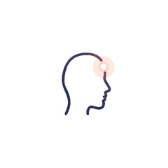 A minimalist line art illustration depicts a human head profile with a glowing spot indicating pain or thought, symbolizing mental discomfort or active thinking.