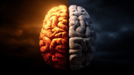 The left hemisphere of the brain glows warm with orange and brown tones, symbolizing creativity and passion,