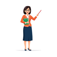 Female Teacher in Orange Jacket Holding Book and Pointer - AI Generated