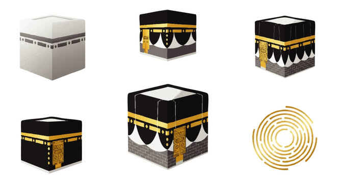 A collection of stylized isometric vector illustrations of the holy Kaaba from Mecca.