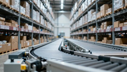 Obraz premium Automated Conveyor Belt System in a Large Distribution Warehouse for Efficient Inventory Management and Logistics
