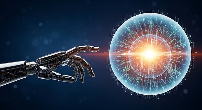 Advanced robotic hand interacting with glowing digital sphere representing AI and future technology
