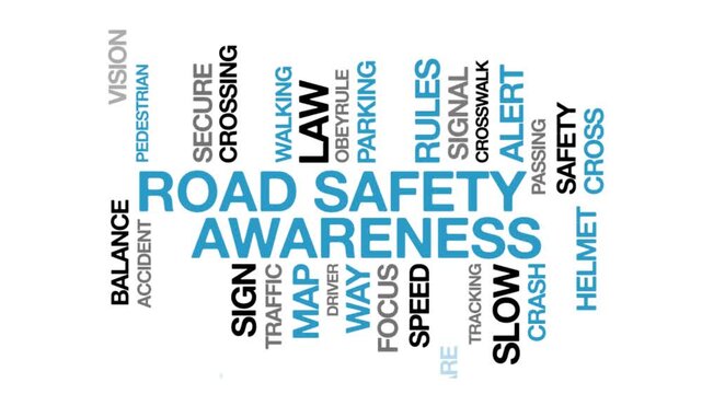 Road Safety Awareness concept Animated Tag Word Cloud kinetic typography, Text Design Animation typography seamless loop video motion graphics Intro,  Word Art Looping Text effects blue black grey typ