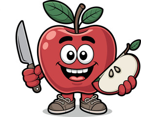 A Cheerful Cartoon Apple Character Holding a Sharp Kitchen Knife and a Slice of Apple Ready to Prepare a Delicious Fruit Salad for Healthy Eating