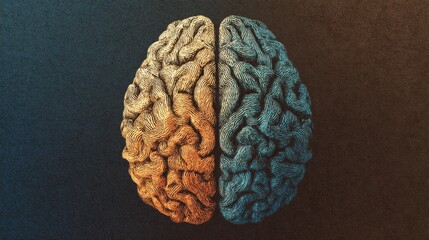 Artistic representation of a human brain with orange and blue hemispheres symbolizing creativity and logic,