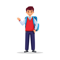 Obraz premium Teenage Schoolboy in Red Vest Uniform with Backpack - AI Generated