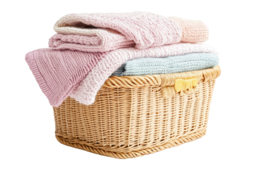 Wicker laundry basket filled with folded clean clothes isolated on transparent background