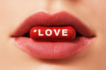 Brightly painted lips hold a capsule with the inscription "LOVE". The concept of beauty, love and happiness.