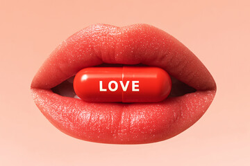 A large red capsule with the inscription "Love" is clamped between the lips. Love as a universal remedy for loneliness. The concept of closeness, attention and tenderness.