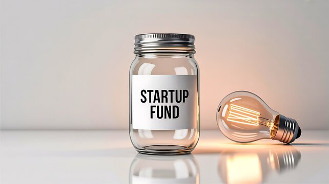 A glass jar labeled startup fund with a glowing light bulb beside it

