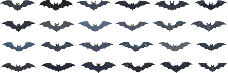 Halloween Set of bat silhouettes: flying, icon, set, collection, fear, spooky, vampire, horror, vector, mystery, silhouette, night, bird, black, darkness, flight